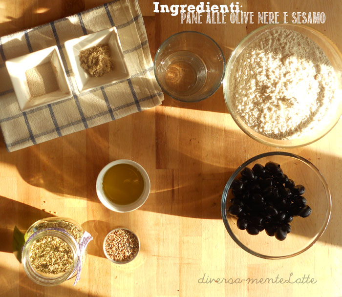 Ingredienti pane alle olive e sesamo