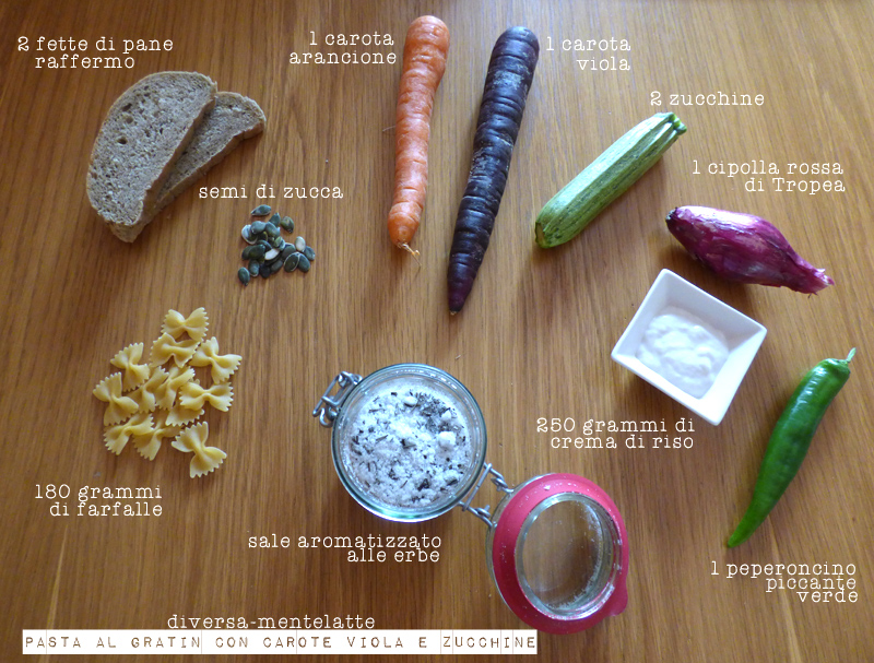 Ingredienti pasta al gratin-con carote viola e zucchine