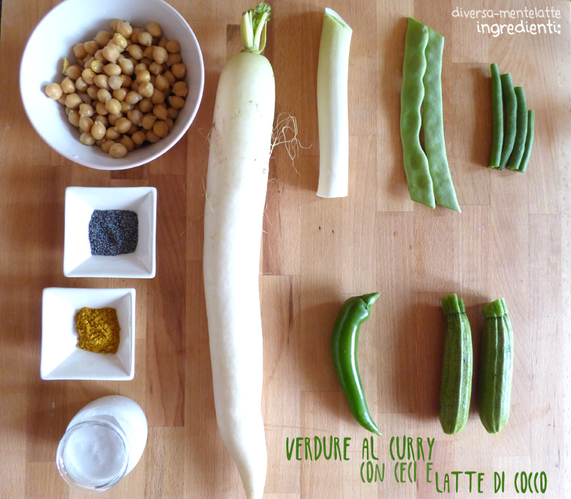 Ingredienti verdure al curry con ceci e latte di cocco