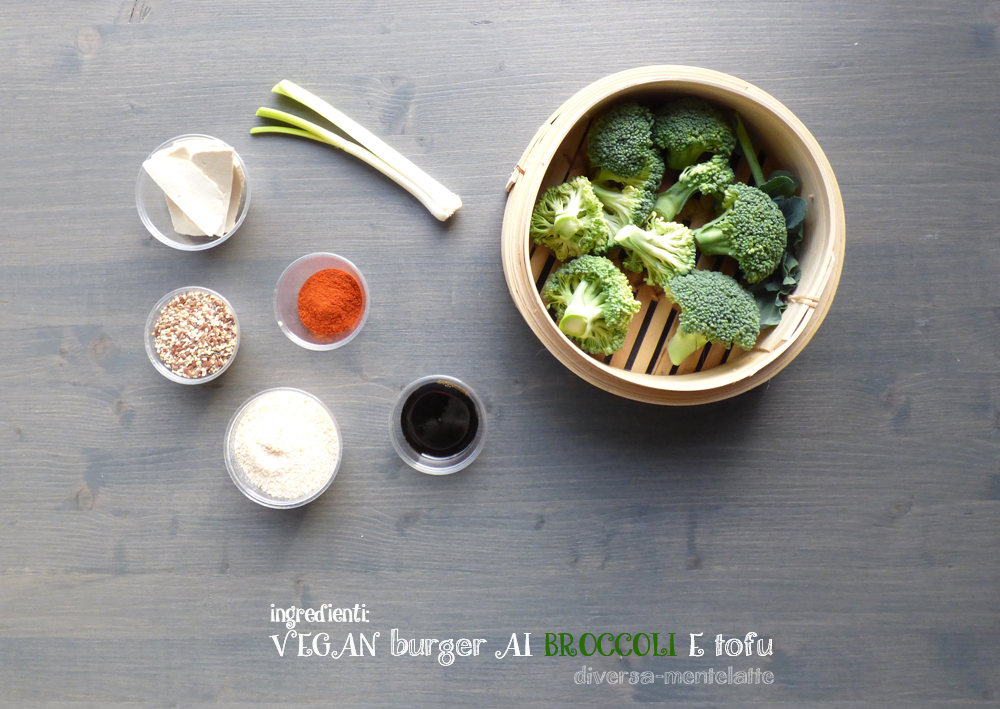 ingredienti vegan burger ai broccoli e tofu