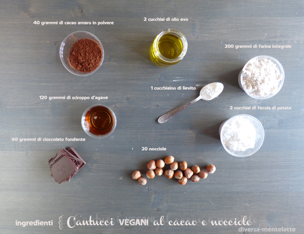ingredienti cantucci vegani al cacao e nocciole