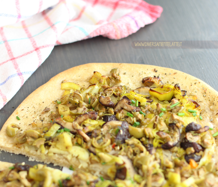 diversamentelatte_focaccia con porri e funghi shiitake