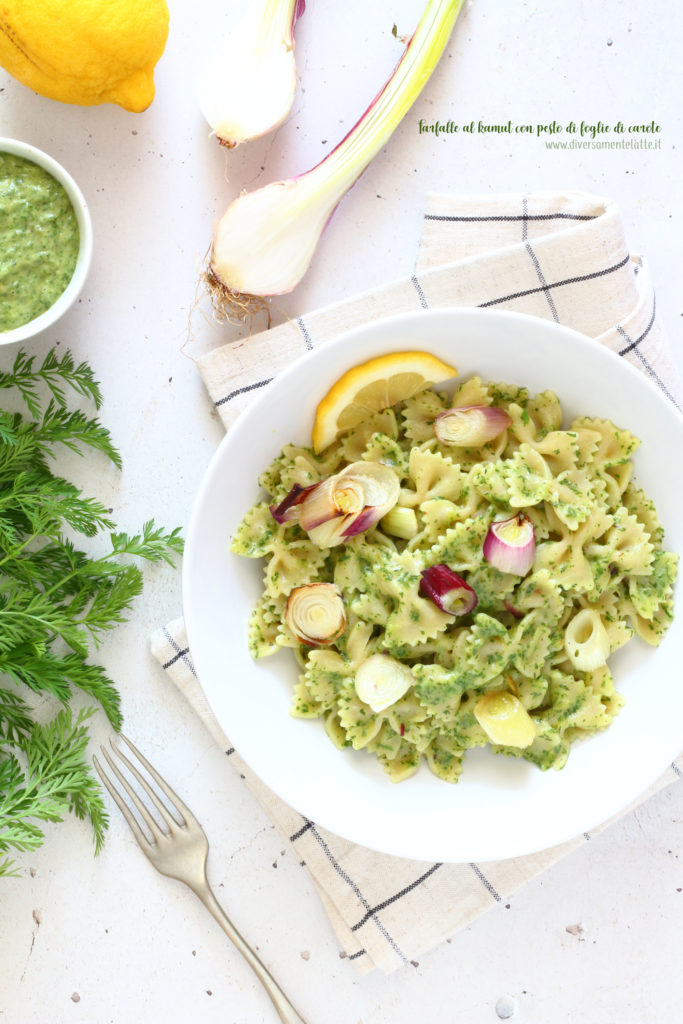 farfalle con pesto di foglie di carote