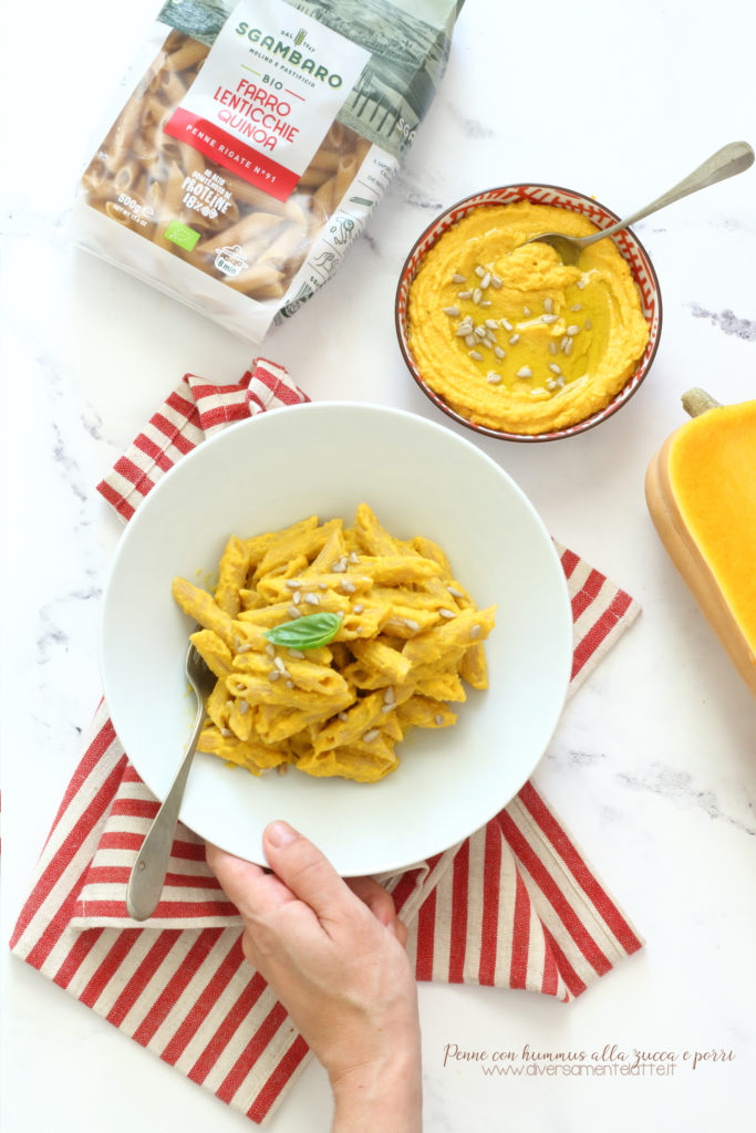 penne con hummus alla zucca e porri